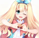  blonde_hair blue_eyes blush bow doria_(5073726) fairy_fencer_f hair_ornament heart heart_hands long_hair looking_at_viewer one_eye_closed open_mouth rolo_(fairy_fencer_f) smile solo 