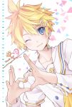  96mame artist_name blonde_hair blue_eyes blush commentary_request english hair_ornament hairclip heart heart_hands kagamine_len looking_at_viewer male_focus one_eye_closed smile solo thank_you vocaloid x_hair_ornament 