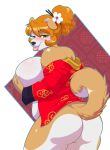  2018 alpha_channel anthro big_breasts big_butt blush breasts butt canine chinese_clothing clothing cyrus_physhor digital_media_(artwork) dog female flower flower_in_hair fur green_eyes hair hair_bun hairpin hand_on_breast hi_res kibbles mammal orange_hair plant solo tongue tongue_out uberquest 