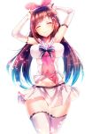  ^_^ a.i._channel armpits arms_up ass_visible_through_thighs blush bow breasts brown_hair closed_eyes detached_sleeves eyebrows_visible_through_hair hair_bow highres kizuna_ai long_hair medium_breasts midriff pink_bow silly_(marinkomoe) skirt smile solo thigh_gap thighhighs virtual_youtuber white_background 
