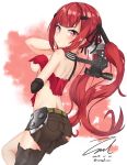  ass axe bangs bare_shoulders belt black_gloves blush breasts brown_pants closed_mouth cz-75_(girls_frontline) dated eyebrows_visible_through_hair girls_frontline gloves hair_ornament hair_ribbon hairclip holding holding_axe leg_up long_hair looking_at_viewer medium_breasts pants red_eyes red_hair ribbon scope shoulder_blades sidelocks signature simple_background sleeveless solo torn_clothes twintails twitter_username underboob unel weapon 