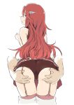  1girl arms_up ass ass_grab blush close-up embarrassed fire_emblem fire_emblem:_kakusei from_behind garter_straps grope groping hand_under_clothes highres long_hair looking_down molestation nervous nintendo nose_blush pov_ass red_eyes red_hair red_legwear red_underwear sekaihebi sexy shy thighhighs thighs tiamo underwear very_long_hair white_background wing_hair_ornament 