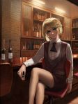  alcohol backlighting bar bartender blonde_hair blue_eyes bottle braid chair counter crossed_legs cup drinking_glass expressionless glass head_tilt highres indoors lips looking_at_viewer necktie original pantyhose pencil_skirt sheer_legwear sitting skirt solo usukuchi_(impasto_life) vest 