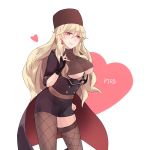  asymmetrical_legwear blonde_hair breasts character_name cowboy_shot earrings fingerless_gloves fishnet_pantyhose fishnets girls_frontline gloves hand_on_hip hat heart highres jewelry large_breasts lishu_jun long_hair pantyhose ptrd-41_(girls_frontline) red_eyes turtleneck underboob 