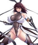  1girl aoi_nagisa_(metalder) bare_shoulders blush breasts cameltoe cleavage curvy erect_nipples female hair_ribbon high_heels highleg_leotard huge_breasts leotard lilith-soft looking_at_viewer mizuki_shiranui nipples partially_visible_vulva red_eyes shiny shiny_hair shiny_skin simple_background solo standing taimanin_(series) taimanin_asagi taimanin_asagi_battle_arena taimanin_yukikaze thick_thighs thighhighs thighs thong_leotard weapon white_background 