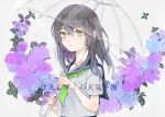  black_hair flower green_eyes highres hydrangea kurumikko looking_at_viewer millipen_(medium) original parasol school_uniform serafuku solo traditional_media transparent transparent_umbrella umbrella upper_body 