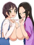  1girl black_hair breast_press breasts brown_hair female huge_breasts idolmaster idolmaster_cinderella_girls long_hair looking_at_viewer mukai_takumi multiple_girls no_bra oikawa_shizuku shiny shiny_skin short_hair simple_background smile toudori white_background 