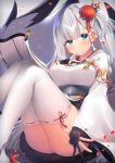  absurdres azur_lane bangs black_gloves black_skirt blue_eyes blunt_bangs blurry blush breasts commentary_request depth_of_field eyebrows_visible_through_hair gloves grey_hair hair_ornament hakama_skirt hand_up highres japanese_clothes jiiwara kanzashi kimono knees_up legs_together long_hair looking_at_viewer medium_breasts mole mole_under_eye one_side_up parted_lips partly_fingerless_gloves petals pleated_skirt ribbon-trimmed_legwear ribbon_trim shoukaku_(azur_lane) silver_hair skirt smile solo thighhighs thighs white_kimono white_legwear wide_sleeves 