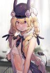  bandaid bandaid_on_stomach bangs bare_shoulders black_gloves black_ribbon blonde_hair blue_hat blue_neckwear blue_vest blurry blurry_background blush braid closed_mouth collared_shirt depth_of_field dress_shirt eto_(nistavilo2) eyebrows_visible_through_hair fingerless_gloves girls_frontline gloves hair_between_eyes hair_ribbon hat highres long_hair looking_at_viewer navel necktie nose_blush open_clothes open_shirt open_vest purple_eyes ribbon sarashi shirt short_necktie sleeveless sleeveless_shirt solo sr-3mp_(girls_frontline) tears thick_eyebrows twin_braids twintails v-shaped_eyebrows very_long_hair vest white_shirt 