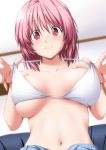 bangs bare_arms bare_shoulders bikini_pull bikini_top blurry blurry_background blush breasts breasts_apart closed_mouth collarbone denim eyebrows_visible_through_hair hands_up highres indoors large_breasts looking_at_viewer navel nori_tamago pink_hair red_eyes saigyouji_yuyuko shiny shiny_hair smile solo stomach touhou underboob upper_body white_bikini_top 