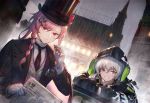  aek-999_(girls_frontline) alternate_costume badge bangs black_jacket black_neckwear blush bow braid buttons cigar city_lights cityscape clothes_writing collared_shirt commentary_request girls_frontline gloves grey_hair hair_ornament hair_over_shoulder hairclip hat headphones headphones_around_neck heiwari_kanade hexagram holding holding_cigar hood hooded_jacket jacket key leaning_on_object light long_hair looking_at_viewer multiple_girls necktie negev_(girls_frontline) newspaper night open_clothes open_jacket parted_lips pink_hair rain red_bow red_eyes shirt sidelocks signature silver_hair smile star_of_david striped striped_shirt swirling top_hat vest white_gloves white_shirt yellow_eyes 