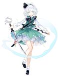  bad_id bad_twitter_id bangs black_footwear black_hairband black_neckwear black_ribbon bloomers green_eyes green_skirt hair_ribbon hairband highres holding holding_sword holding_weapon konpaku_youmu konpaku_youmu_(ghost) looking_at_viewer miniskirt neck_ribbon nuudoru ribbon sheath sheathed silver_hair simple_background skirt skirt_set socks solo standing sword tassel touhou underwear vest weapon white_background white_legwear 