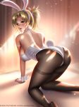  all_fours animal_ears ass black_legwear blonde_hair blue_eyes breasts bunny_ears bunny_tail bunnysuit detached_collar fake_animal_ears fine_fabric_emphasis high_ponytail large_breasts liang_xing light_rays looking_at_viewer looking_back mercy_(overwatch) no_wings nose overwatch pantyhose patreon_username solo sunbeam sunlight tail wrist_cuffs 