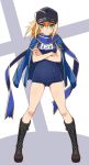  ahoge artoria_pendragon_(all) ass_visible_through_thighs baseball_cap blonde_hair blue_jacket blue_scarf blue_swimsuit boots commentary_request cross-laced_footwear crossed_arms fate_(series) full_body green_eyes haga_yui hair_between_eyes hair_through_headwear hat highres jacket jacket_on_shoulders knee_boots legs_apart long_hair looking_at_viewer mysterious_heroine_x name_tag one-piece_swimsuit rojiura_satsuki:_chapter_heroine_sanctuary scarf school_swimsuit simple_background smile solo standing swimsuit track_jacket v-shaped_eyebrows 