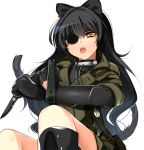  artist_request black_hair blake_belladonna combat_knife cosplay duplicate eyes gun handgun knife metal_gear_(series) metal_gear_solid_v rwby venom_snake venom_snake_(cosplay) weapon yellow_eyes 