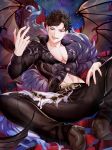  1boy belial_(granblue_fantasy) black_hair black_shirt feather_boa granblue_fantasy highres image_sample male_focus mikurou_(nayuta) pectorals red_eyes shirt short_hair smile solo spread_legs tongue tongue_out twitter_sample 