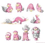  commentary creature crown gem gen_1_pokemon gen_2_pokemon looking_at_viewer mega_pokemon mega_slowbro mouth_hold pokemon pokemon_(creature) simple_background slowbro slowking slowpoke speed_lines standing twarda8 water wet white_background 