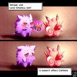  clefable closed_mouth creature engrish frown gameplay_mechanics gen_1_pokemon gengar ghost heart highres letterboxed no_humans pink_skin pokemon pokemon_(creature) ranguage red_eyes sa-dui sad signature smoke tears wings 