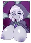  1girl blush breasts breasts_outside cape commentary eyebrows_visible_through_hair frown grey_hair hood hood_up hooded_cape huge_breasts lich_(monster_girl_encyclopedia) looking_at_viewer monster_girl_encyclopedia naked_cape nude out_of_frame purple_eyes short_hair simple_background solo upper_body white_skin 