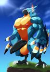  &lt;3 alternate_version_at_source anthro balls bastroceive beak biceps big_balls big_muscles big_penis black_penis blue_feathers breath_of_the_wild claws countershading english_text erection feathers full-length_portrait grass humanoid_penis kass_(zelda) male muscular muscular_male nintendo nipples nude pecs penis portrait rito simple_background solo standing text the_legend_of_zelda video_games yellow_feathers 