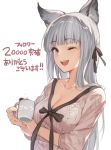  ;d absurdres animal_ears blue_eyes breasts cleavage collarbone cup erune followers granblue_fantasy hair_ribbon hana_mori highres korwa long_hair medium_breasts mug one_eye_closed open_mouth ribbon silver_hair simple_background smile solo sweater white_background 
