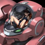  bangs bare_legs bare_shoulders black_background black_swimsuit blush brown_eyes brown_hair cameltoe closed_mouth cockpit eyebrows_visible_through_hair hair_tie knees_up light light_smile long_hair low_twintails lying mecha nose_blush on_back one-piece_swimsuit original rohitsuka school_swimsuit seat signature simple_background solo spread_legs swimsuit tareme twintails 