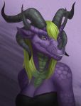  aged anthro black_clothing black_topwear breasts cleavage clothed clothing dragon facial_piercing female furgonomics furry-specific_piercing green_hair hair hi_res horn horn_piercing mythological_creature mythological_scalie mythology nose_piercing old piercing portrait purple_body purple_scales ring salvana scales scalie smallcoffemaniac solo topwear 