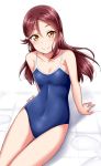  arm_support blue_swimsuit blush breasts cleavage commentary_request competition_school_swimsuit covered_navel hair_ornament hairclip long_hair looking_at_viewer love_live! love_live!_sunshine!! one-piece_swimsuit red_hair sakurauchi_riko school_swimsuit sitting small_breasts smile solo swimsuit tile_floor tiles yellow_eyes yopparai_oni 