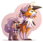  closed_mouth commentary commission creature deviantart_username dog fang gen_7_pokemon green_eyes lycanroc no_humans open_mouth pokemon pokemon_(creature) rockruff signature simple_background standing twarda8 white_background wolf 