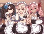  :d :p ;) absurdres alternate_costume apron bangs black_dress blonde_hair blue_hairband blurry blurry_background blush breasts brown_eyes brown_hair chloe_von_einzbern cleavage cup dark_skin depth_of_field dress enmaided eyebrows_visible_through_hair fate/kaleid_liner_prisma_illya fate_(series) frilled_apron frilled_dress frilled_hairband frills hair_between_eyes hairband highres holding holding_plate holding_tray illyasviel_von_einzbern indoors long_hair looking_at_viewer maid maid_apron maid_headdress miyu_edelfelt multiple_girls one_eye_closed open_mouth pink_hair plate pleated_dress puffy_short_sleeves puffy_sleeves red_eyes sapphire_(sapphire25252) saucer short_sleeves small_breasts smile sparkle teacup tongue tongue_out tray very_long_hair white_apron 