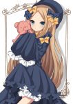  abigail_williams_(fate/grand_order) absurdres bangs black_bow black_dress black_hat blonde_hair bloomers blue_eyes blush bow bug butterfly dress eyebrows_visible_through_hair fate/grand_order fate_(series) forehead hair_bow hat head_tilt highres holding holding_stuffed_animal insect long_hair long_sleeves looking_at_viewer orange_bow parted_bangs parted_lips polka_dot polka_dot_bow sapphire_(sapphire25252) sleeves_past_fingers sleeves_past_wrists solo stuffed_animal stuffed_toy teddy_bear underwear very_long_hair white_bloomers 