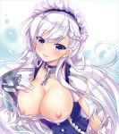  :d azur_lane bangs belfast_(azur_lane) blush braid breasts broken broken_chain chain cleavage collar collarbone commentary_request eyebrows_visible_through_hair gloves hair_between_eyes hand_on_own_chest hand_up head_tilt hinata_momo large_breasts long_hair looking_at_viewer maid_headdress nipples open_mouth purple_eyes silver_hair smile solo underbust very_long_hair white_gloves 