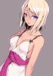  bangs blonde_hair blue_eyes breasts character_request cleavage collarbone commentary_request dress dutch_angle hair_between_eyes hand_on_own_chest looking_at_viewer medium_breasts nilitsu parted_lips sash short_hair simple_background solo swept_bangs tobakushi_wa_inoranai white_dress 