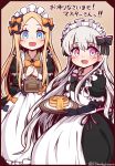  :d abigail_williams_(fate/grand_order) absurdres alternate_costume apron bangs black_bow black_gloves blonde_hair blue_eyes blush bow butter commentary_request doll_joints elbow_gloves enmaided eyebrows_visible_through_hair fate/extra fate/grand_order fate_(series) food forehead gloves hair_between_eyes hair_bow highres holding holding_tray long_hair long_sleeves looking_at_viewer maid maid_apron maid_headdress menu multiple_girls nursery_rhyme_(fate/extra) open_mouth orange_bow own_hands_together pancake parted_bangs pink_hair plate polka_dot polka_dot_bow puffy_short_sleeves puffy_sleeves short_over_long_sleeves short_sleeves silver_hair smile stack_of_pancakes striped striped_bow syrup translation_request tray twitter_username very_long_hair white_apron yuya090602 