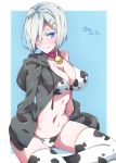  animal_print artist_name bell bikini black_jacket blue_background blue_eyes breasts cleavage cow_bell cow_print cowboy_shot dated eyes_visible_through_hair falco_arrow hair_ornament hair_over_one_eye hairclip hamakaze_(kantai_collection) highres hood hooded_jacket jacket kantai_collection large_breasts print_legwear short_hair sitting solo swimsuit thighhighs white_bikini white_hair white_legwear 