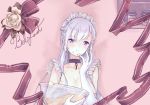  azur_lane belfast_(azur_lane) blush bowl braid breasts chain character_name cleavage closed_mouth commentary_request dough elbow_gloves english eyebrows_visible_through_hair finger_to_mouth flower french_braid frilled_gloves frills gloves hair_between_eyes holding holding_bowl large_breasts long_hair maid_headdress pot purple_hair ribbon rose shelf signature silver_hair smile translation_request tsunano_(koi_pink) white_gloves 