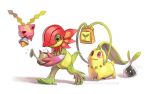  bag chesto_berry chikorita closed_mouth commentary creature crossover deviantart_username digimon floramon flying from_side gen_2_pokemon happy holding holding_bag holding_watering_can hoppip looking_away looking_down looking_up no_humans nyokimon open_mouth painting plant pokemon pokemon_(creature) profile red_eyes shadow signature simple_background smile twarda8 vines walking water watering_can white_background yellow_eyes 