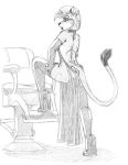  2018 anthro armwear bare_back boots chair clothing collar dress elbow_gloves feline female footwear gloves greyscale high_heels inner_ear_fluff legwear lion looking_at_viewer looking_back mammal mohawk monochrome rear_view rubber shoes simple_background solo standing tail_tuft thigh_highs tuft wolfkidd 