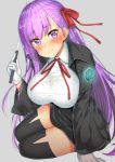  bb_(fate)_(all) bb_(fate/extra_ccc) black_legwear body_mahattaya_ginga breasts commentary_request fate/extra fate/extra_ccc fate/grand_order fate_(series) hair_ribbon holding holding_wand large_breasts long_hair looking_at_viewer purple_eyes purple_hair red_ribbon ribbon shiny shiny_hair shiny_skin simple_background sitting solo very_long_hair wand 
