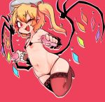  ;d artificial_vagina bare_shoulders bikini black_bikini black_legwear blonde_hair breasts eyebrows_visible_through_hair fang flandre_scarlet hair_ribbon hat heart highres holding looking_at_viewer micro_bikini mismatched_legwear navel no_shoes one_eye_closed one_side_up open_mouth pigeoncrow pointy_ears red_background red_eyes red_legwear red_ribbon ribbon simple_background small_breasts smile solo stomach swimsuit thighhighs touhou white_hat wings wrist_cuffs 