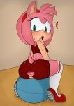  2018 amy_rose anthro big_butt black_nose blush breasts butt clitoris clothed clothing colored eyelashes female footwear green_eyes hair hairband hearlesssoul hedgehog hi_res legwear long_socks looking_at_viewer looking_back mammal open_mouth pussy shoes short_hair shorts simple_background solo sonic_(series) stockings surprise sweat torn_clothing video_games wardrobe_malfunction white_background yoga_ball 
