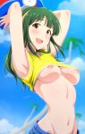  :d arched_back armpits arms_up ball bangs beachball blue_sky blunt_bangs blurry blush breasts brown_eyes cloud crop_top crop_top_overhang day depth_of_field green_hair groin highres holding holding_ball idolmaster idolmaster_(classic) long_hair looking_at_viewer medium_breasts mole mole_under_mouth navel nipple_slip nipples open_mouth otonashi_kotori palm_tree ponytail shiny shiny_skin shirt sky sleeping sleeveless sleeveless_shirt smile solo stomach sweat tareme tengu_(tetuo_kun) tree two-handed yellow_shirt 