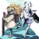  backpack bag black_hair black_legwear blonde_hair blue_eyes boushi-ya breasts coat commentary escort_water_hime full_body gambier_bay_(kantai_collection) grin hairband kantai_collection large_breasts long_hair looking_at_viewer multicolored_hair multiple_girls ponytail purple_eyes shinkaisei-kan smile standing thighhighs two-tone_hair white_hair white_legwear white_skin 