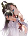  absurdres backlighting black_hair blue_eyes blush bow bowtie breasts cleavage finger_to_mouth headphones highres large_breasts long_hair looking_at_viewer open_clothes open_shirt original parted_lips shirt simple_background smile solo stax wadapen white_background white_shirt 