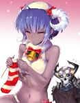  bare_shoulders bell black_nails blush breasts christmas closed_eyes fate/grand_order fate_(series) hassan_of_serenity_(fate) hat highres horns king_hassan_(fate/grand_order) knitting merry_sheep nail_polish navel purple_hair short_hair small_breasts utayoi_(umakatare) 