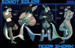  2018 5_fingers 5_toes anthro armor black_hair boxers_(clothing) clothed clothing digital_media_(artwork) discardingsabot fin fish frown gun hair hi_res holding_object holding_weapon jacket male marine model_sheet navel plantigrade pouches ranged_weapon sabot_sauer scalie shark simple_background solo standing toes trigger_discipline underwear weapon yeenr 
