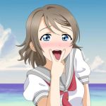  1girl blue_eyes blush brown_hair cloud cloudy_sky hand_gesture looking_at_viewer love_live!_school_idol_project love_live!_sunshine!! neckerchief ocean official_style open_mouth round_teeth sailor_collar school_uniform serafuku sexually_suggestive shirt short_hair short_sleeves showers-u sky solo teeth tongue tongue_out uniform upper_body v watanabe_you 