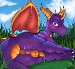  2018 3_toes animal_genitalia anus balls blush butt cum dragon feral flaccid grass horn looking_at_viewer lying male on_side outside penis precum presenting presenting_hindquarters presenting_penis puffy_anus purple_eyes purple_scales rear_view scales scalie smile solo spyro spyro_the_dragon toes uncut video_games western_dragon wings zackary911 