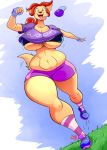  2018 absurd_res anthro big_breasts breasts canine clothed clothing cloud derp_eyes digital_media_(artwork) dog fangs female fingerless_gloves footwear ginger_(jaeh) gloves grass hair happy hat hi_res jaeh labrador legwear long_hair mammal navel open_mouth outside ponytail running shirt shoes shorts sky socks solo text tongue tongue_out under_boob voluptuous wide_hips 