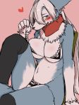  &lt;3 anthro big_breasts big_thighs blue_fur blush bra breasts canine clothing female fur hair kemono legwear mammal open_mouth panties pink_background simple_background stockings toco_sama_(artist) underwear white_fur 